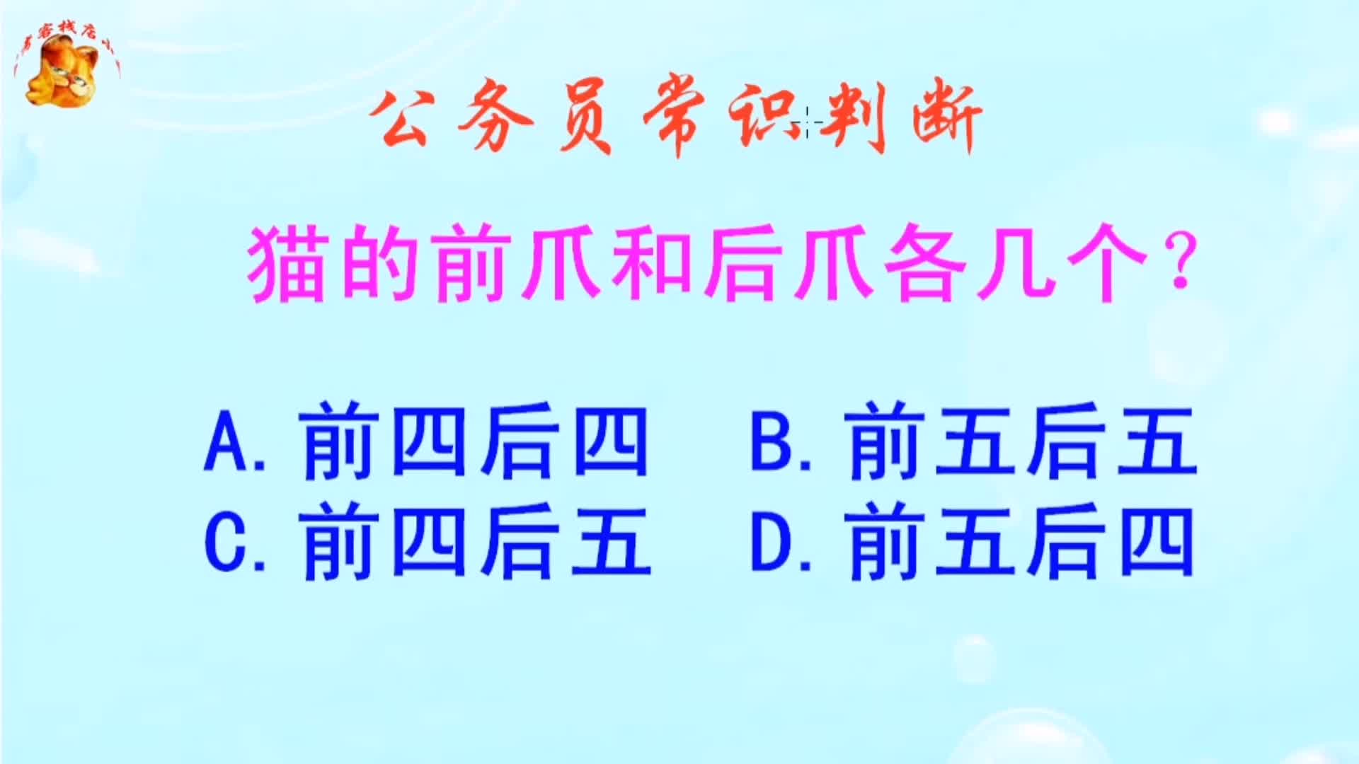 公务员常识判断，猫的前爪和后爪各几个？长见识啦